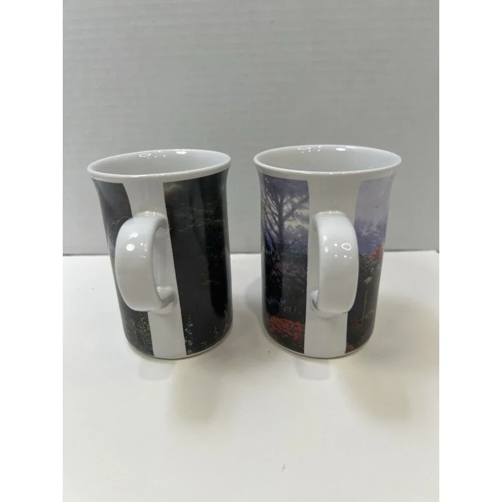 2 Thomas Kinkade Hollyhock House Lilac Cottage 2004 Mugs Coffee Ceramic